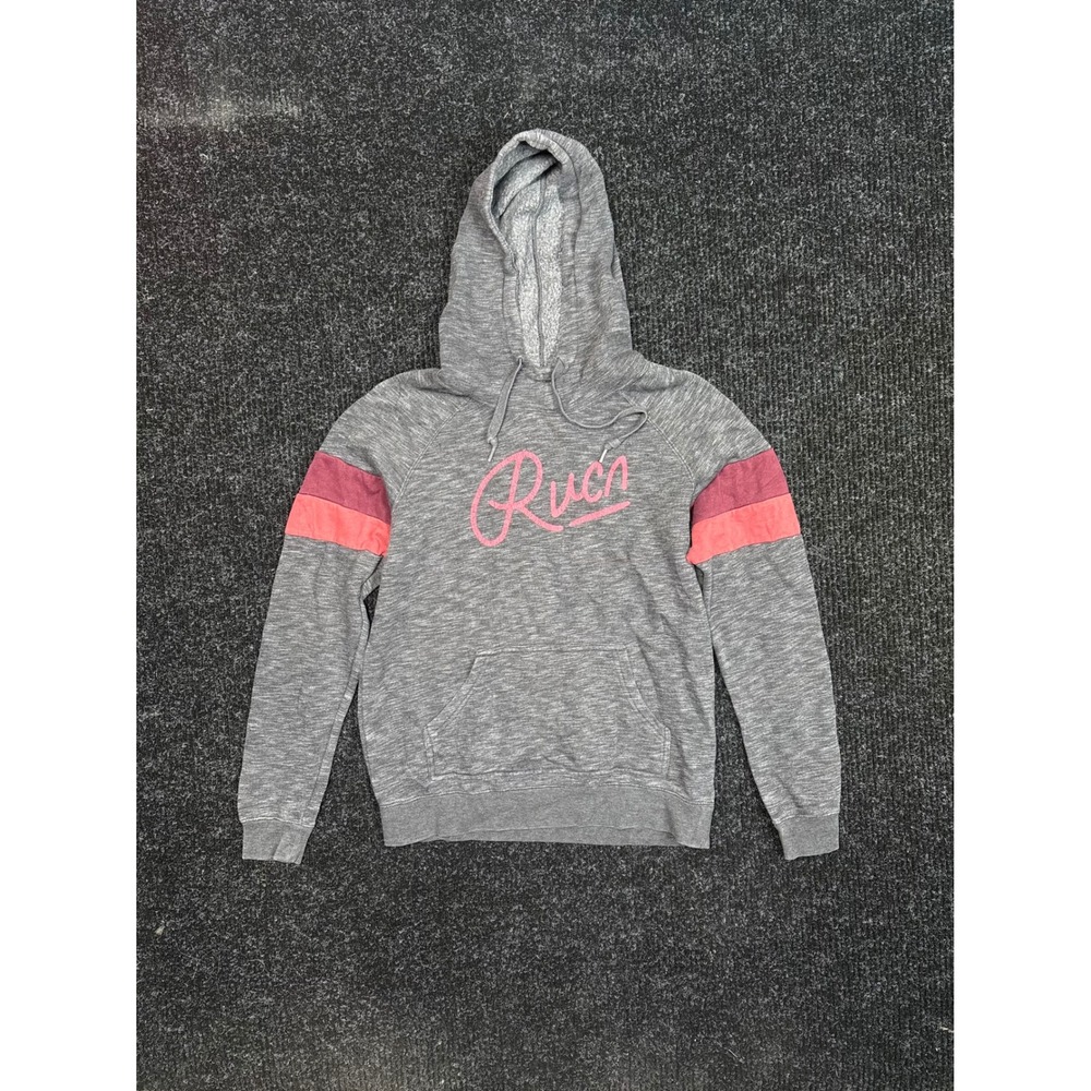 RVCA Womens Hoodie Large Gray Pink Script Logo Graphic Pullover Stripe Sleeve